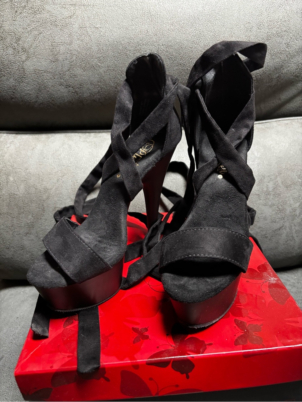 Pleaser Black Suede Wrap Platform Heels